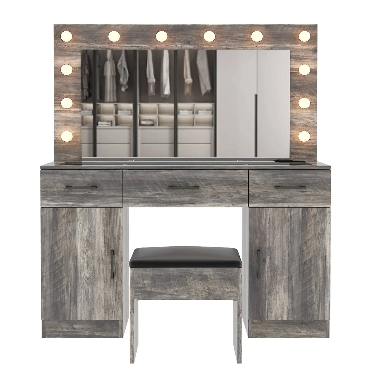 Ktaxon Large Makeup Vanity, Vanity Table Set w/ Visible Glass Top w/ Charging Station, White