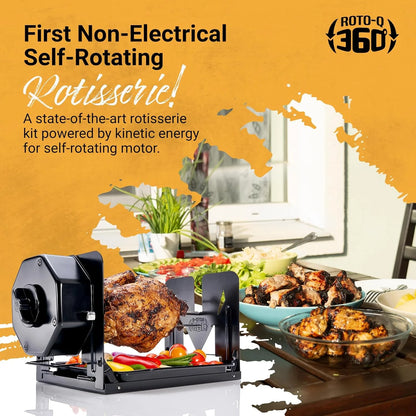 ROTO-Q 360 Cordless Stainless Steel Rotisserie Kit - Non-Electric for Grills, Ovens, BBQ, Smokers - Indoor/Outdoor