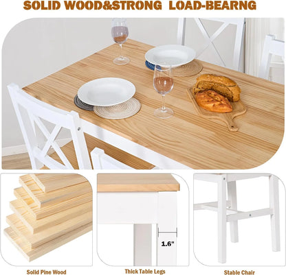 Soges 5 Pieces Dining Table Set, Pine Wood Kitchen Dining Table with 4 Chairs, Wood Rectangular kitchen table and chairs for 4, Small Dining Set for Bar Dining Room Breakfast Nook, White and Gray
