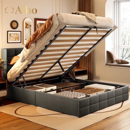 Aiho Full Lift Up Storage Bed, Full Size Bed Frame with Big Underneath Storage & Modern Wingback Headboard & No Box Spring Needed - Gray