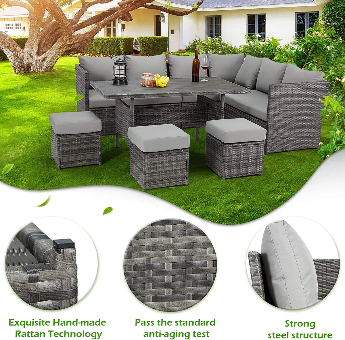 AECOJOY Outdoor 7-Piece Rattan Wicker Sectional Sofa Couch, Patio Dining Conversation Set, Gray