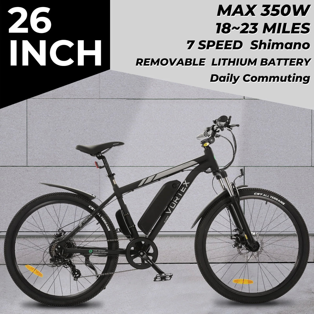 Ecotric Black 26 In. 36V 350W Electric City Bicycle e-Bike Removable Battery 7 Speed Pedal Assist