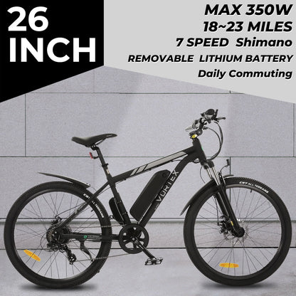 Ecotric Black 26 In. 36V 350W Electric City Bicycle e-Bike Removable Battery 7 Speed Pedal Assist