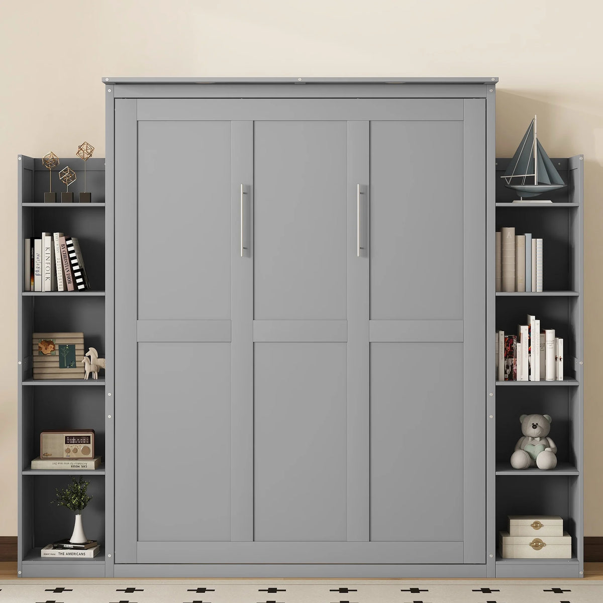 Aukfa Queen Size Murphy Bed with 5-Tier Storage Shelf & LED Lights, Foldable Wall Bed Cabinet with Mattress Support, Space-Saving Design for Guest Room/Home Office, Gray