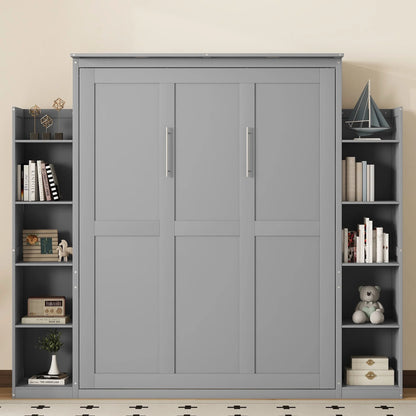 Aukfa Queen Size Murphy Bed with 5-Tier Storage Shelf & LED Lights, Foldable Wall Bed Cabinet with Mattress Support, Space-Saving Design for Guest Room/Home Office, Gray