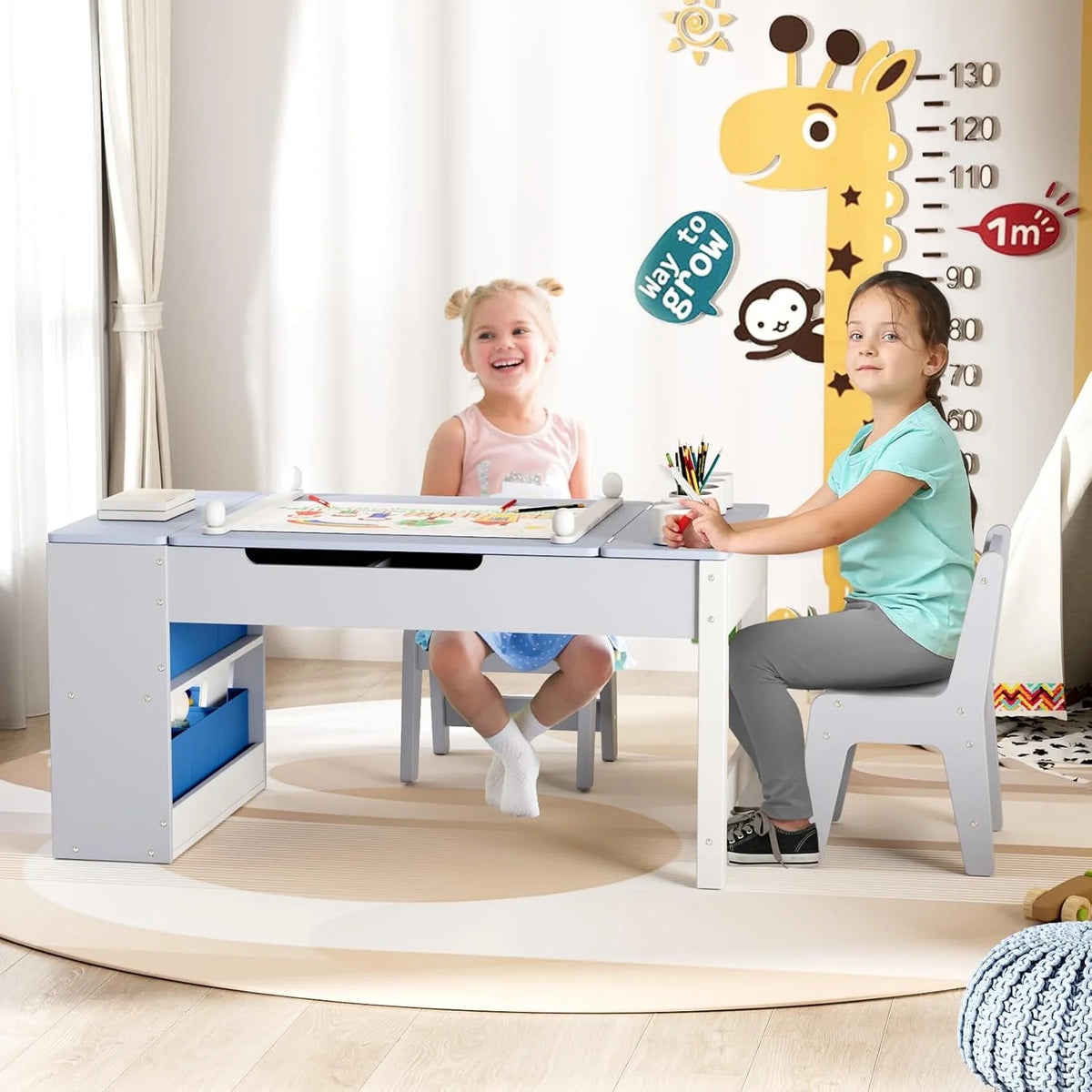 LAZY BUDDY Kids Art Table and 2 Chairs Set, 2 in 1 Easel & Toddler Craft Table and Chairs Set with Storage Bins, Paint Cups and Paper Roll, Activity Table Set for Children 3+