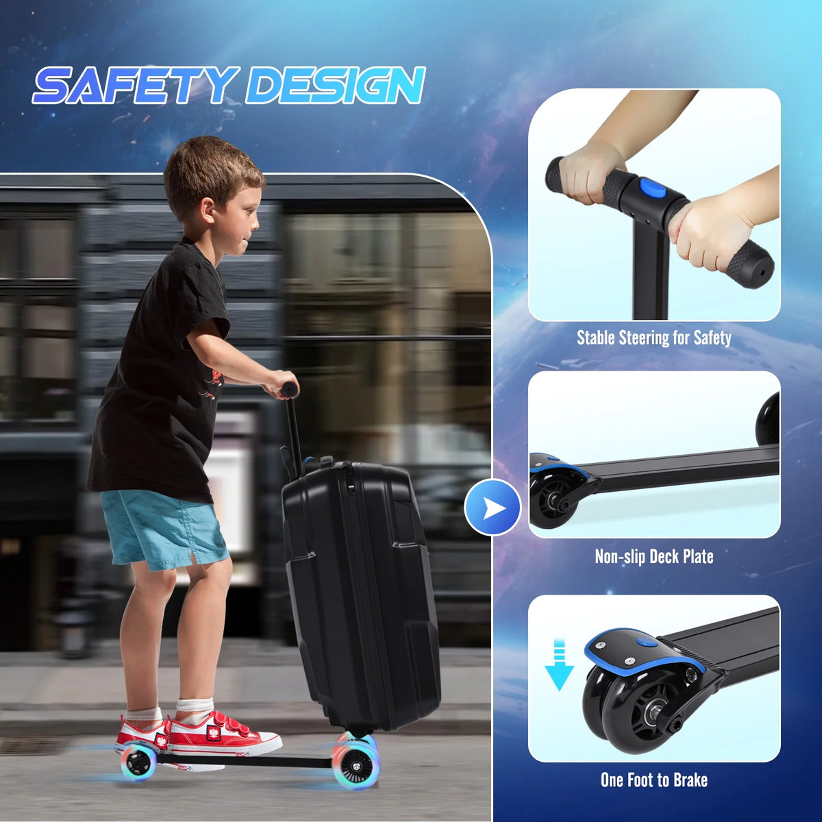 Advwin Ride-On Scooter Suitcase with LED Light-up Wheels, Hardshell Lightweight Foldable Rideable Luggage for Kids & Adults, Silver