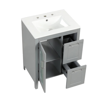 Soges 24" Bathroom Vanity with Ceramic Sink, Solid Wood Bathroom Makeup Cabinet with Door, Adjustable Shelf and 2 Drawer, Free Standing Single Basin Vanity Set for Small Bathroom, White