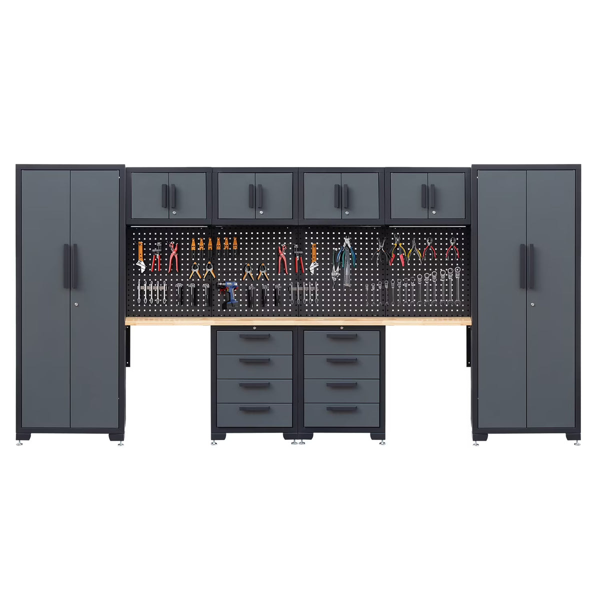 HPDMC Garage Storage Cabinet System 7-Pcs Workshop Set Metal Garage Cabinets System with Steel Cabinet Drawers, Workbench, Pegboard for Garage Tool Organization
