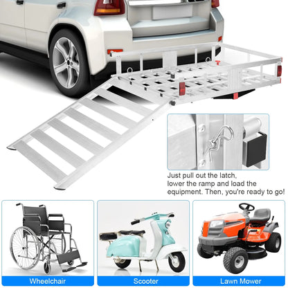 Costway 50'' x 29.5'' Aluminum Cargo Carrier with Ramp Hitch-Mounted Mobility Carrier Hauler