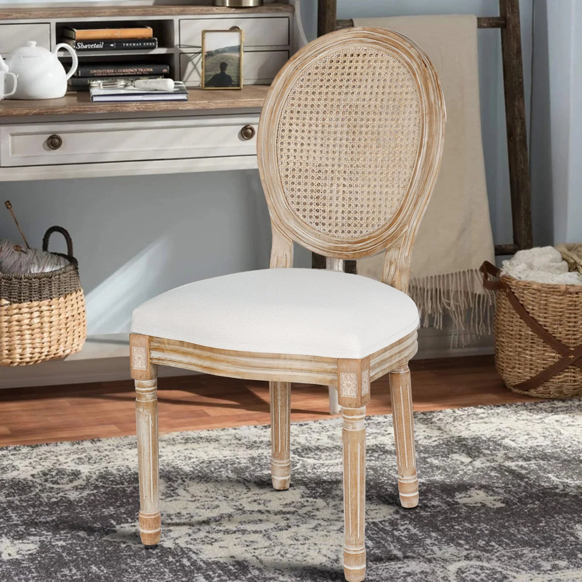 French Dining Chairs Set of 2 Beige Natural Fabric Round Back with Solid Wood Legs and Frame for Bedroom Dining Room Kitchen