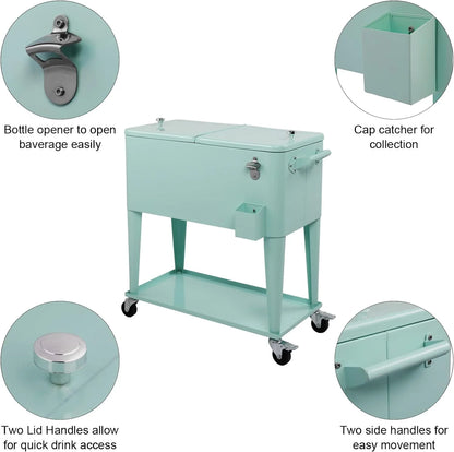 80 Quart Rolling Ice Chest, Portable Bar Drink Cooler with Catch Basin, Bottom Storage Tray and Bottle Opener for Patio Party BBQ Beach Activities