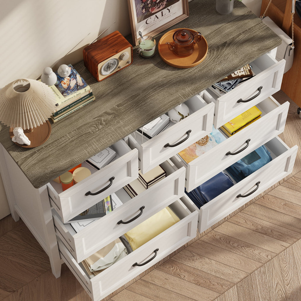 Lofka 47.2" Dresser for Bedroom with 6 Double Drawers, Farmhouse Wood Storage Cabinet with Smooth Metal Handle