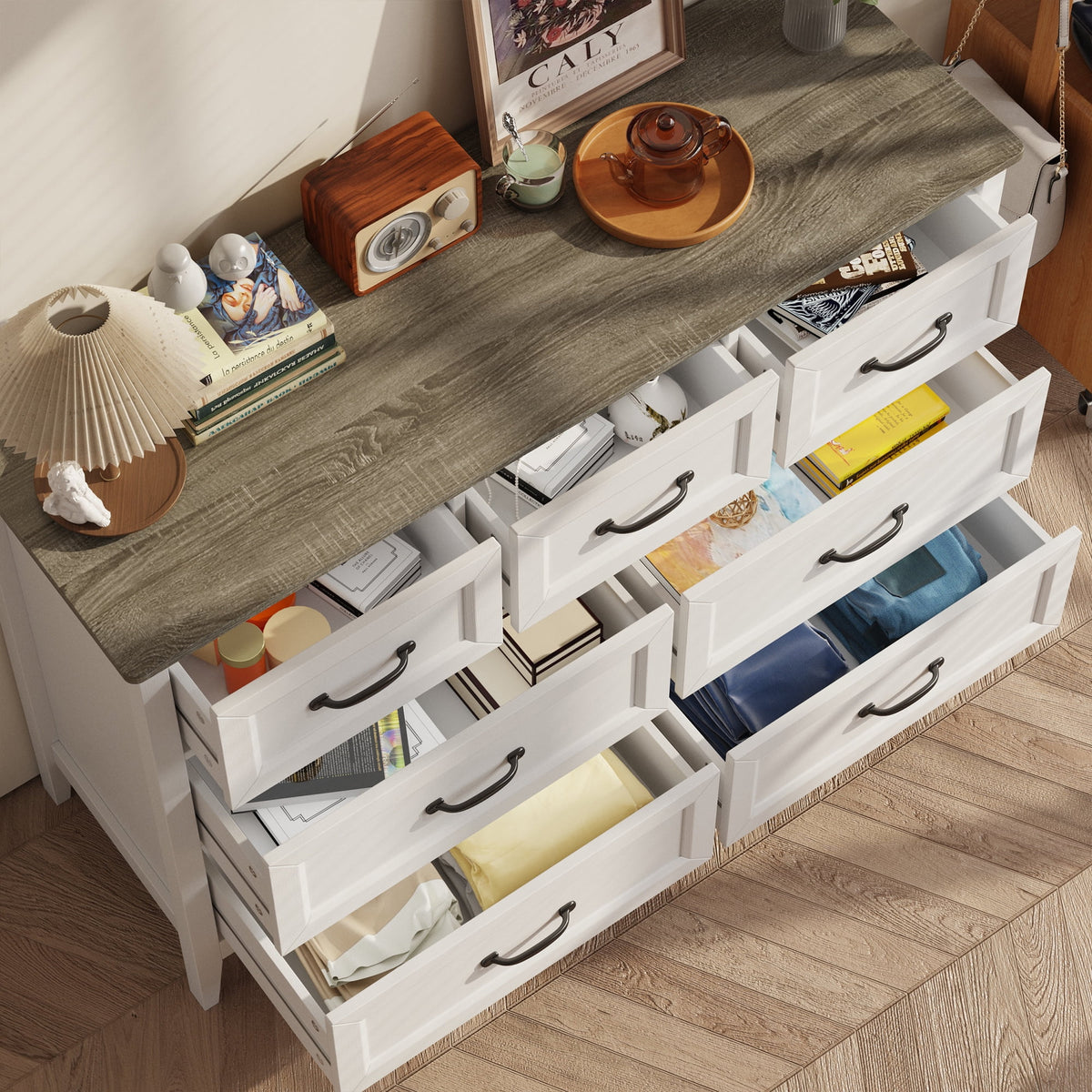 Lofka 47.2" Dresser for Bedroom with 6 Double Drawers, Farmhouse Wood Storage Cabinet with Smooth Metal Handle