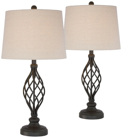 Franklin Iron Works Annie Modern Industrial Table Lamps 28" Tall Set of 2 Bronze Iron Cream Tapered Drum Shade for Bedroom Living Room Nightstand