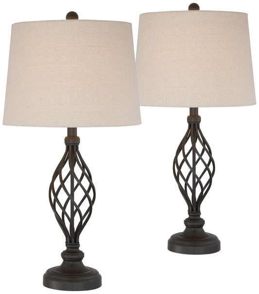 Franklin Iron Works Annie Modern Industrial Table Lamps 28" Tall Set of 2 Bronze Iron Cream Tapered Drum Shade for Bedroom Living Room Nightstand