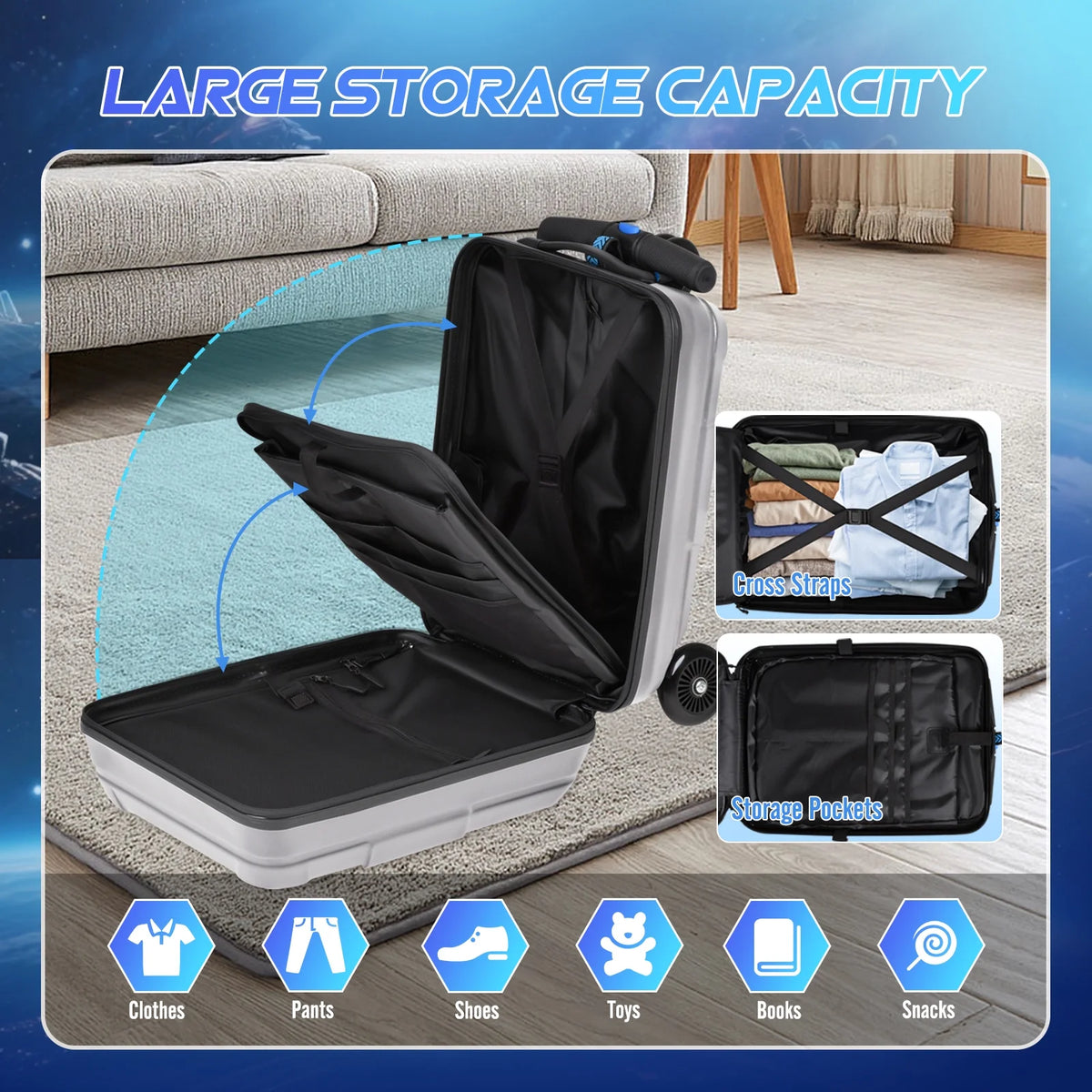 Advwin Ride-On Scooter Suitcase with LED Light-up Wheels, Hardshell Lightweight Foldable Rideable Luggage for Kids & Adults, Silver