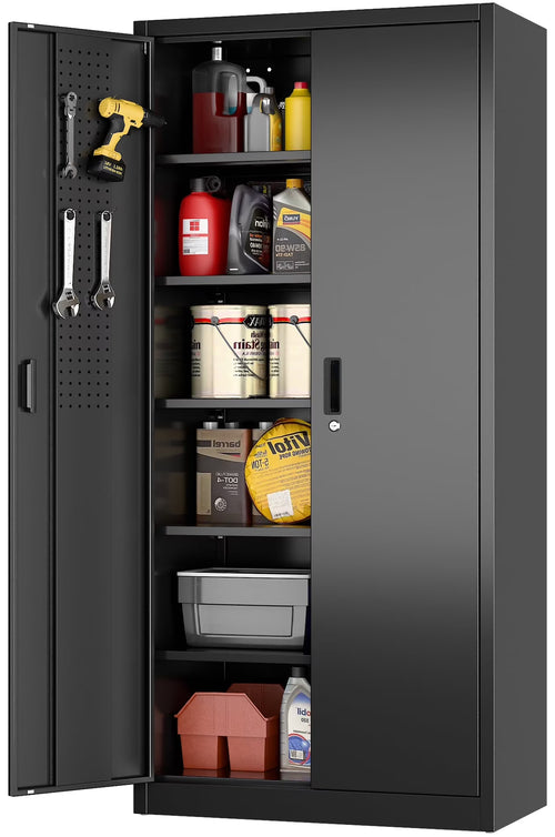 GANGMEI 72 Inches Tall Metal Garage Storage Cabinets with 5 Adjustable Shelves, Lockable Steel Black Storage Cabinet with Doors for Office, Home, School, Shops, Garage, Assembly required