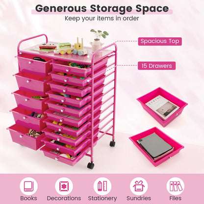 Costway 15 Drawer Rolling Storage Cart Tools Scrapbook Paper Office School Organizer White