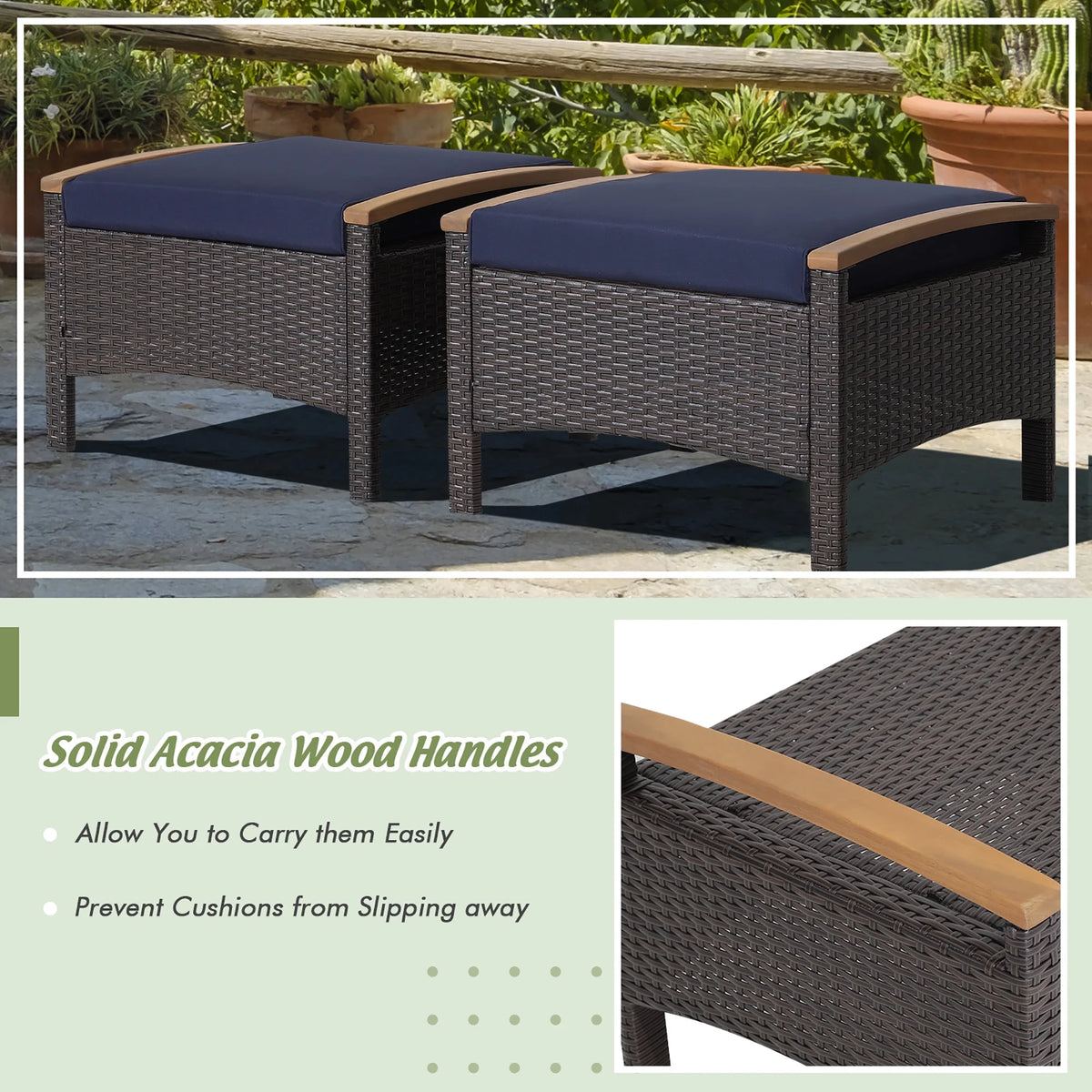 Costway Set of 2 Patio Rattan Ottoman Footrest Cushions Wooden Handle Beige