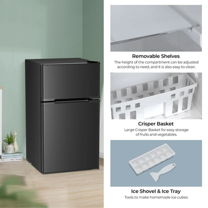 WAA Compact Refrigerator,3.2 Cu.Ft. Mini Separate Freezer Double 2-Door,Adjustable Removable Shelves for Basement, Apartment, Dorm, Office, Black