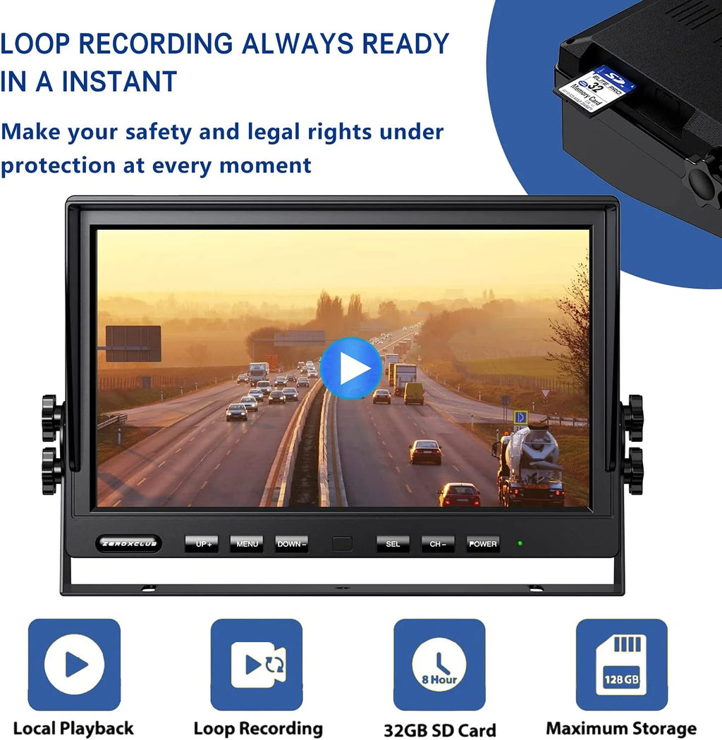 ZEROXCLUB 10'' 1080P HD Wireless Backup Camera System IP69K Waterproof & Loop Recording 10 Inch DVR Quad Split Monitor For RV/Truck/Trailer/Camper