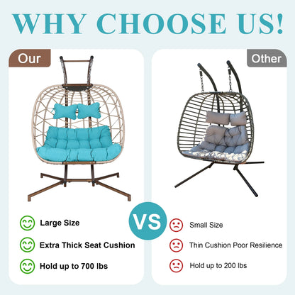 RADIATA Double Wicker Egg Swing Chair with Stand, 2-Person Hanging Egg Chair for Indoor/Outdoor, 700lbs Capacity, Thick Cushions & Headrest,Sturdy Metal Frame��Dark Gray