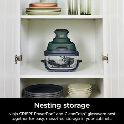 Ninja Crispi 5-in-1 Portable Glass Air Fryer Cooking System FN103BF, British Racing Green with Soft Gold Trim, 1500W, New