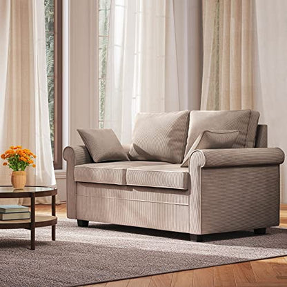 Koorlian Loveseat Sleeper Sofa Bed, Corduroy Pull Out Mattress Couch, 2 in 1 Sleeper Sofa with Memory Foam, 2 Seater Sofa for Living Room, Brown