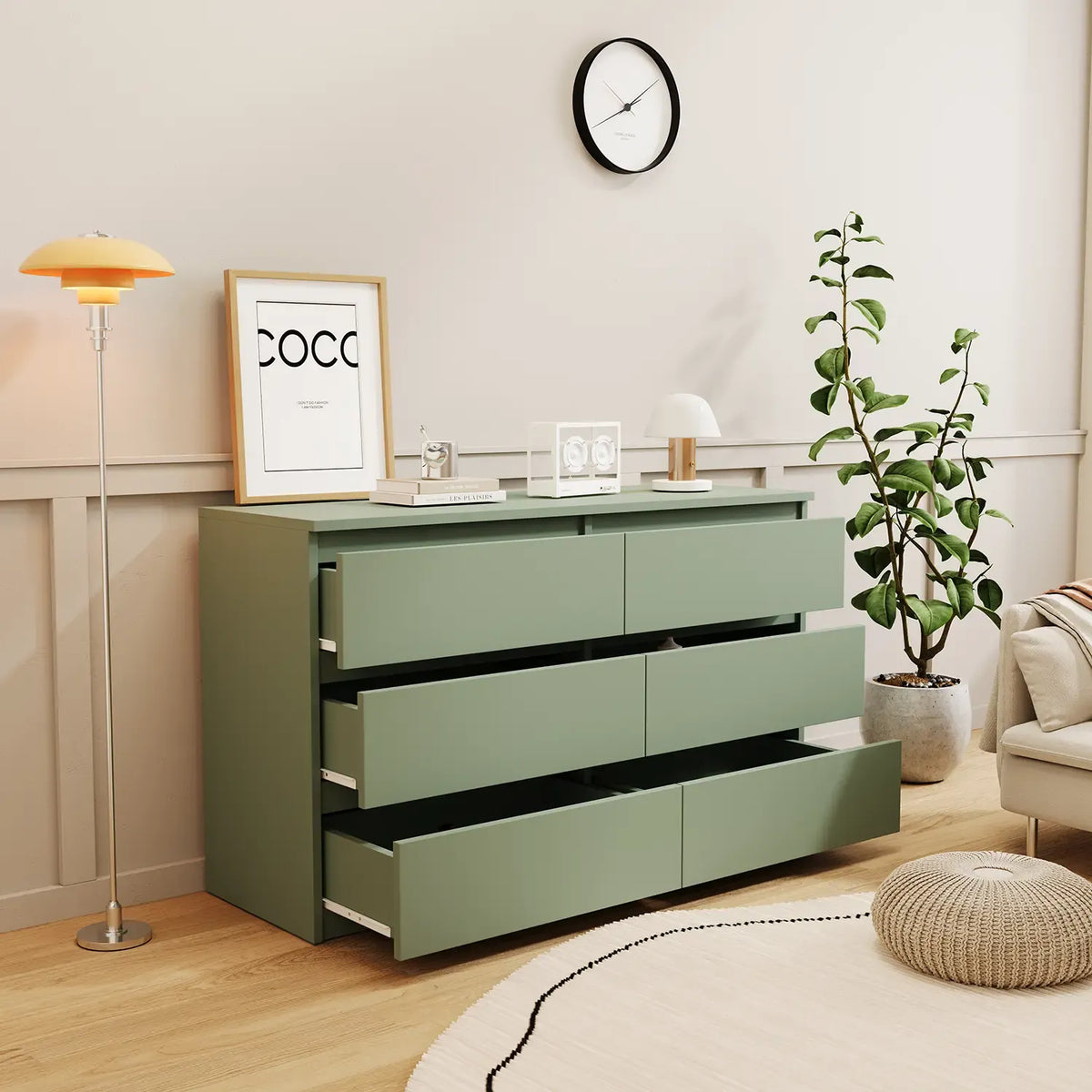 Resenkos Modern Mid Century 6 Drawer Wide Dressers Chests for Bedroom, Chest of Drawer Organizer Grey