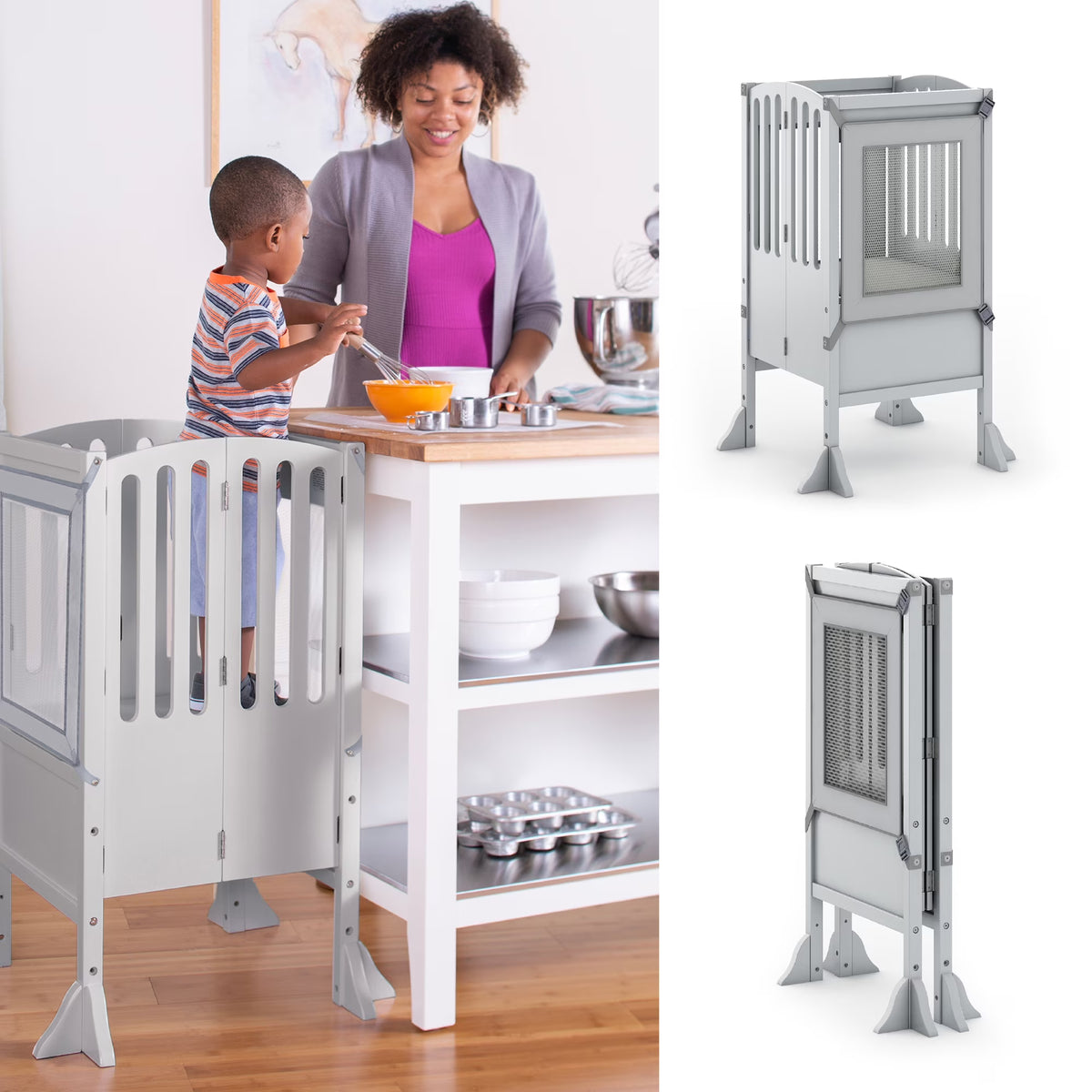 Guidecraft Contemporary Kitchen Helper Step Stool - White: Adjustable, Folding Montessori Toddler Tower - Safety Learning Furniture