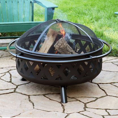 Sunnydaze Outdoor Camping or Backyard Round Crossweave Cut Out Fire Pit with Spark Screen, Log Poker, and Cover - 36"