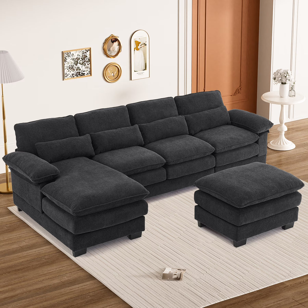 Rophefx 114.3" U Shaped Sectional Couches for Living Room,Cloud Couch,4 Seats Chenille Couch with Double Layer Cushion,Orange
