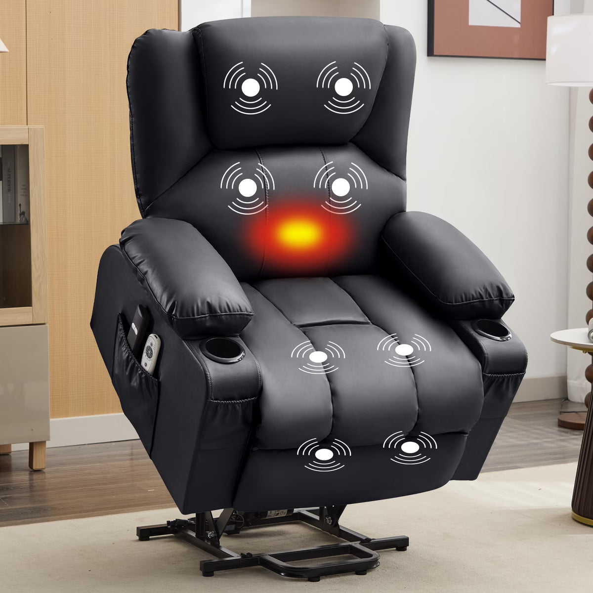 JONPONY Power Lift Recliner Chair Recliners for Elderly with Heat and Massage Recliner Chair for Living Room with Infinite Position and Side Pocket,USB Charge Port,Black