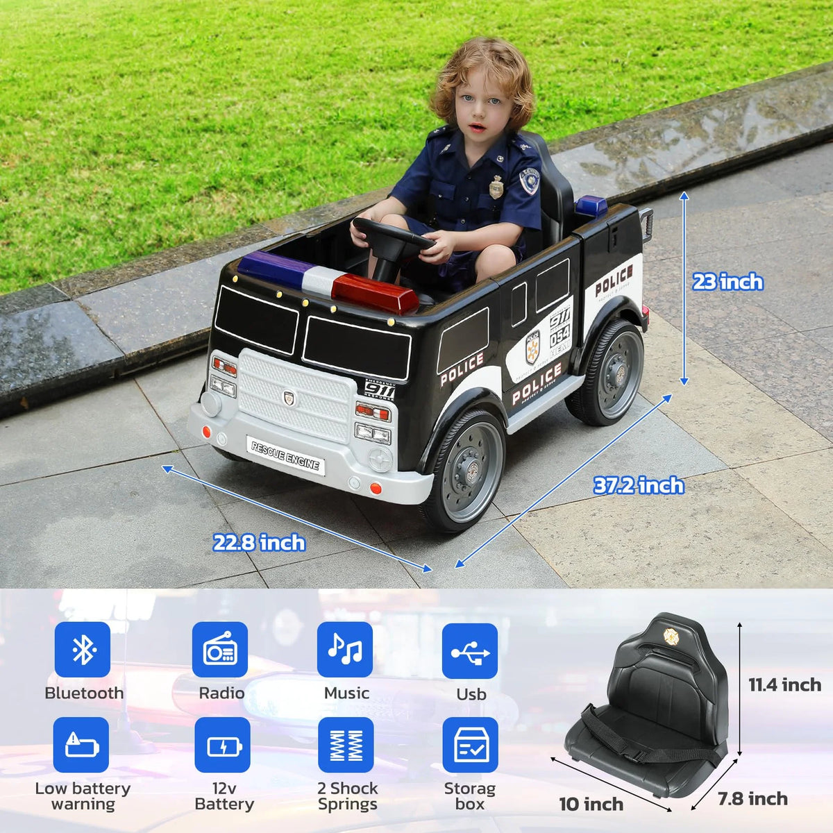 Bobiber Ride on Fire Truck, 12V Battery Powered Ride-On Toy Vehicle with Remote Control, Megaphone, Flashing Lights, Siren and Fire Extinguisher - For Boys and Girls Ages 3-6