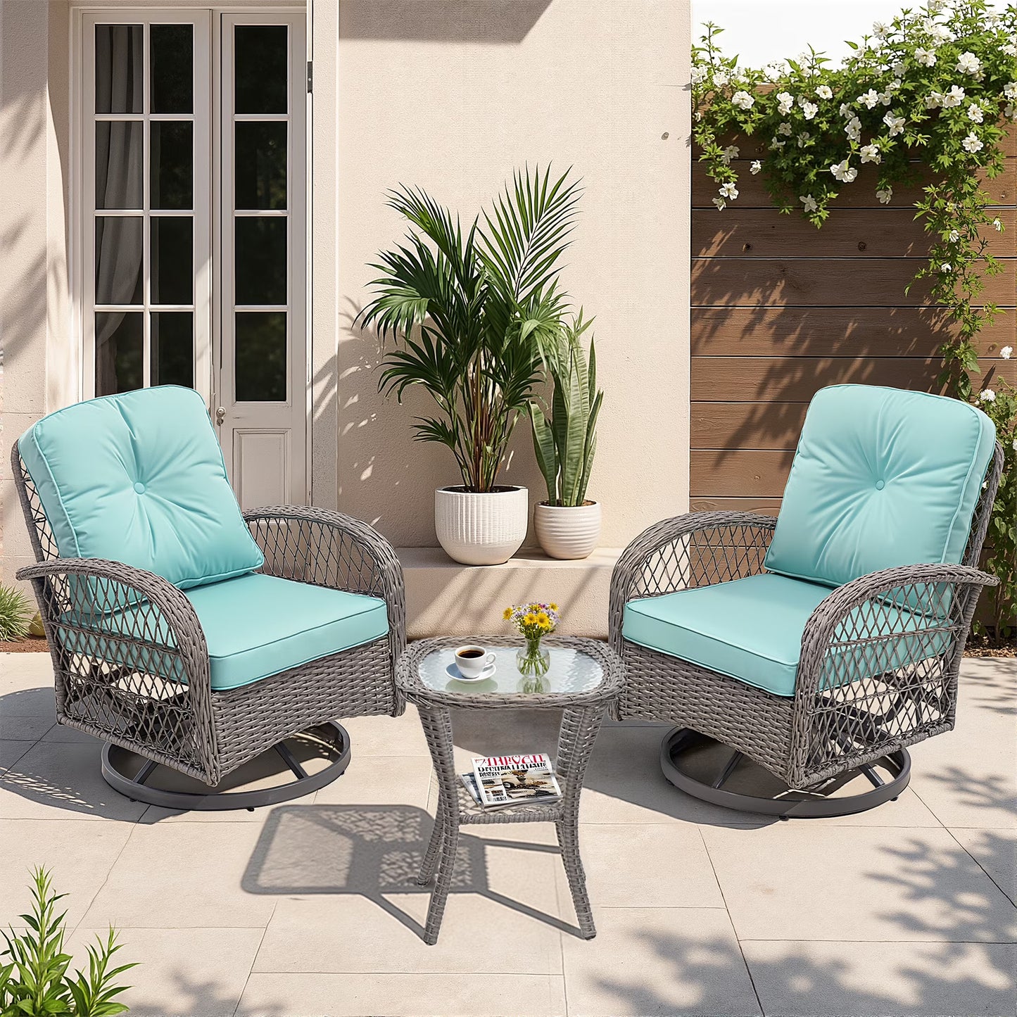 3 Piece Patio Swivel Rocker Chairs Set, 2 360-Degree Swivel Rocking Chairs with 1 Glass Top Table, PE Rattan Outdoor Bistro Set with Cushions for Balcony Deck Poolside Backyard Porch