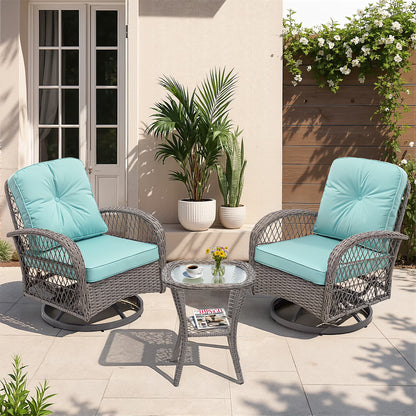3 Piece Patio Swivel Rocker Chairs Set, 2 360-Degree Swivel Rocking Chairs with 1 Glass Top Table, PE Rattan Outdoor Bistro Set with Cushions for Balcony Deck Poolside Backyard Porch