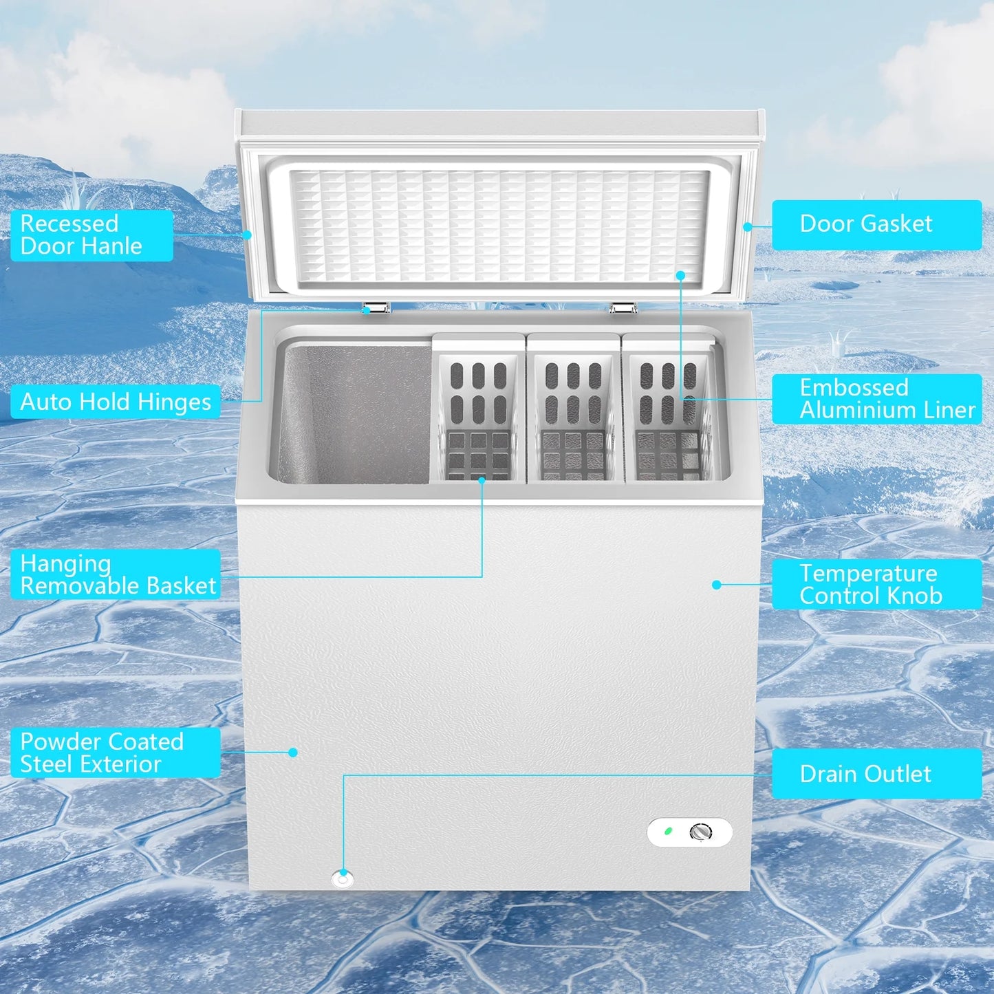 KNDKO 7.0 cu.ft. Chest Freezer with Adjustable Temperature, Free Standing Top Open Door Compact Freezer with Removable Basket for Kitchen/Home/Bar/Garage/Office