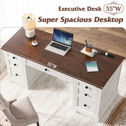 EnHomee Farmhouse Desk with Drawers, Wood Home Office Desk with Charging Station, Antique White