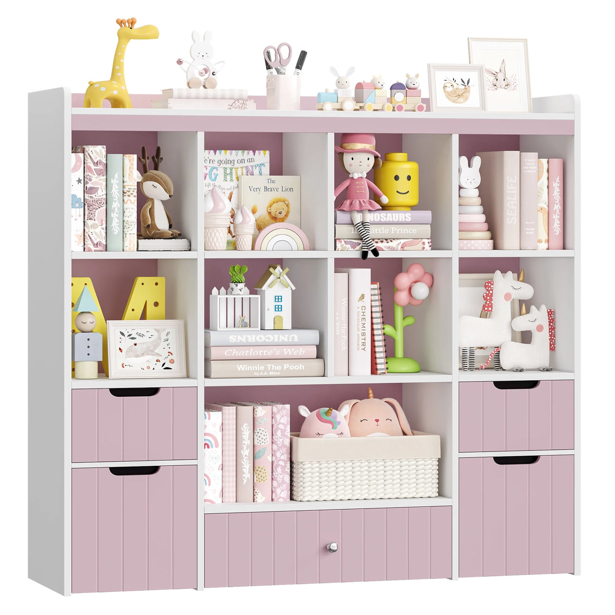 Homfa Kids Toy Storage Organizer with Cubby, Kids Toy Storage Chest with Removable Drawers, Kids Bookcase for Playroom Bedroom Living Room, Pink