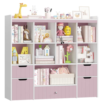 Homfa Kids Toy Storage Organizer with Cubby, Kids Toy Storage Chest with Removable Drawers, Kids Bookcase for Playroom Bedroom Living Room, Pink