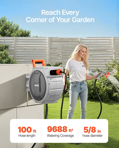 VEVOR Retractable Garden Hose Reel, 5/8 Inch x 100 ft Wall Mounted Hose Reel, Heavy Duty Garden Hose Reel with 9 Patterns Nozzle, Any Length Lock, Upgraded Slow Return System and 180��Swivel Bracket