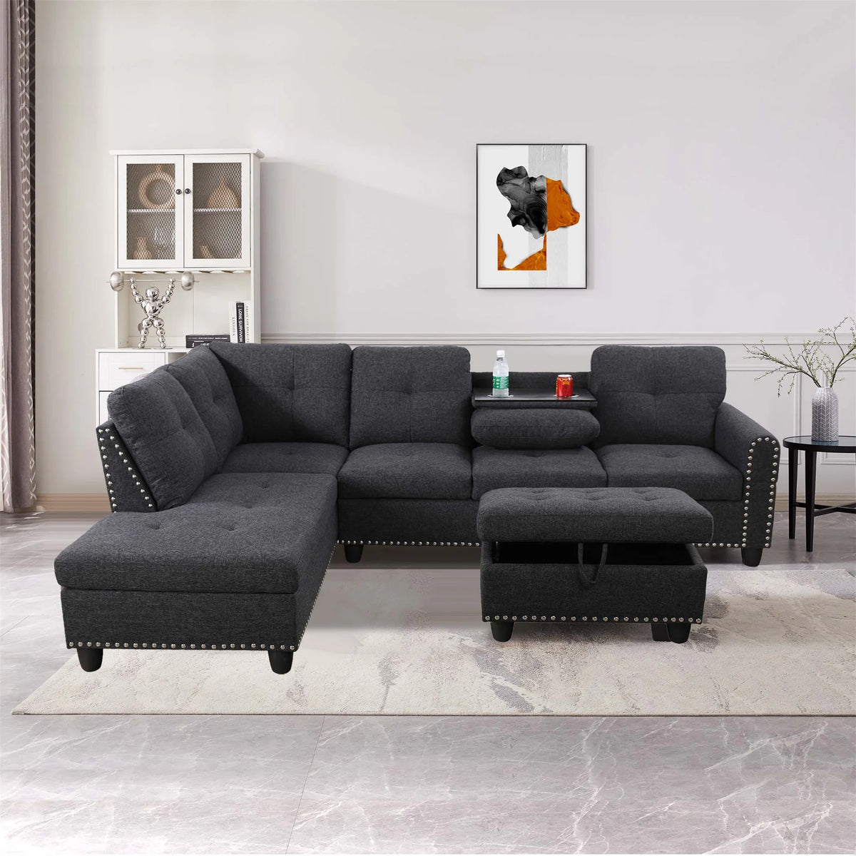 Aukfa 3 Piece Sectional Sofa, Living Room Couch with Storage Ottoman&Cup Holder, Linen, Right Hand, Purple