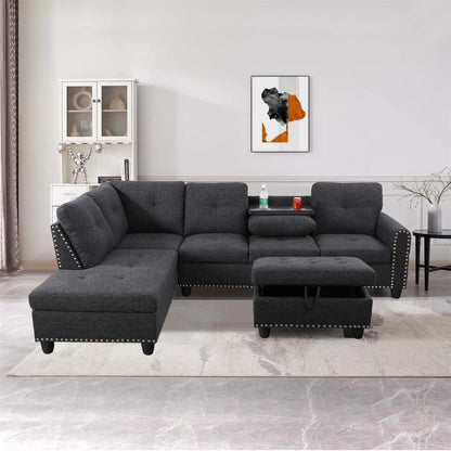 Aukfa 3 Piece Sectional Sofa, Living Room Couch with Storage Ottoman&Cup Holder, Linen, Right Hand, Purple