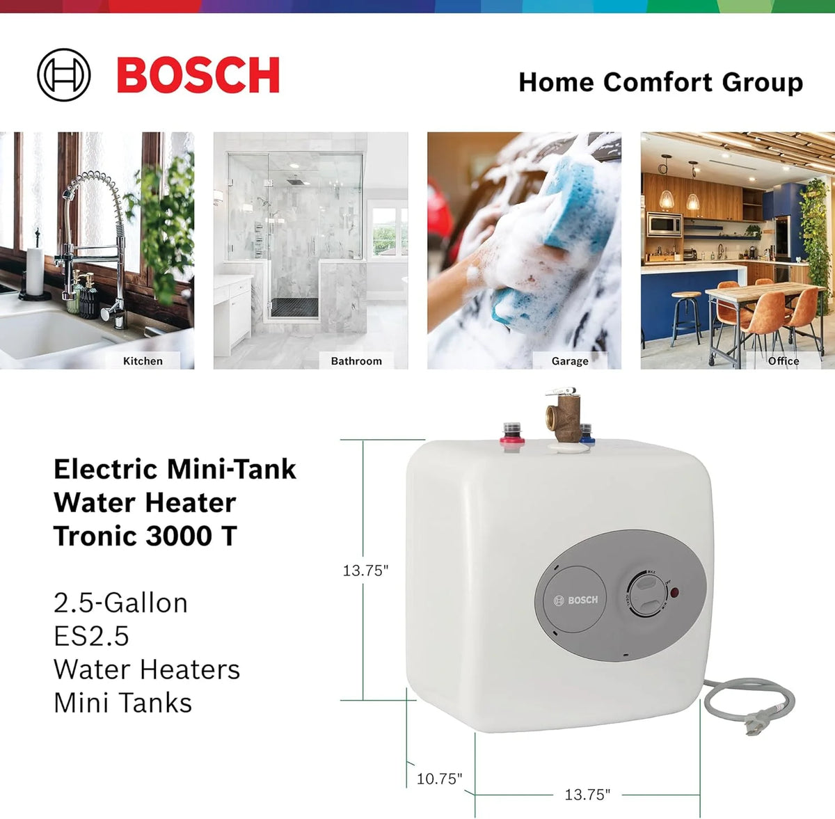 Bosch Electric Mini-Tank Water Heater Tronic 3000 T 2.5-Gallon (ES2.5) - Eliminate Time for Hot Water - Shelf, Wall or Floor Mounted