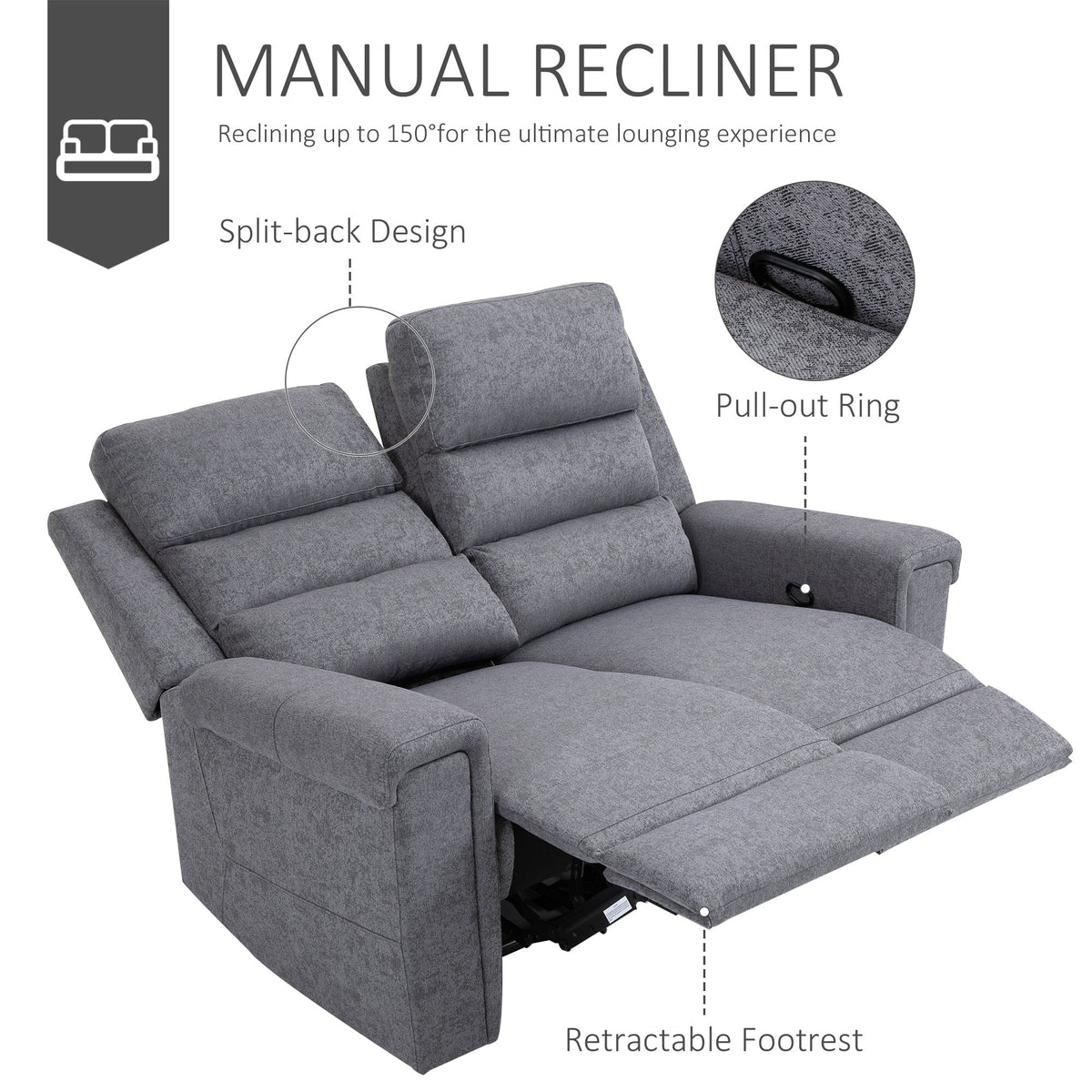 HOMCOM Modern 2 Seater Manual Reclining Sofa Loveseat Couch with Linen Fabric and Thick Sponge Padding for Living Room, Grey