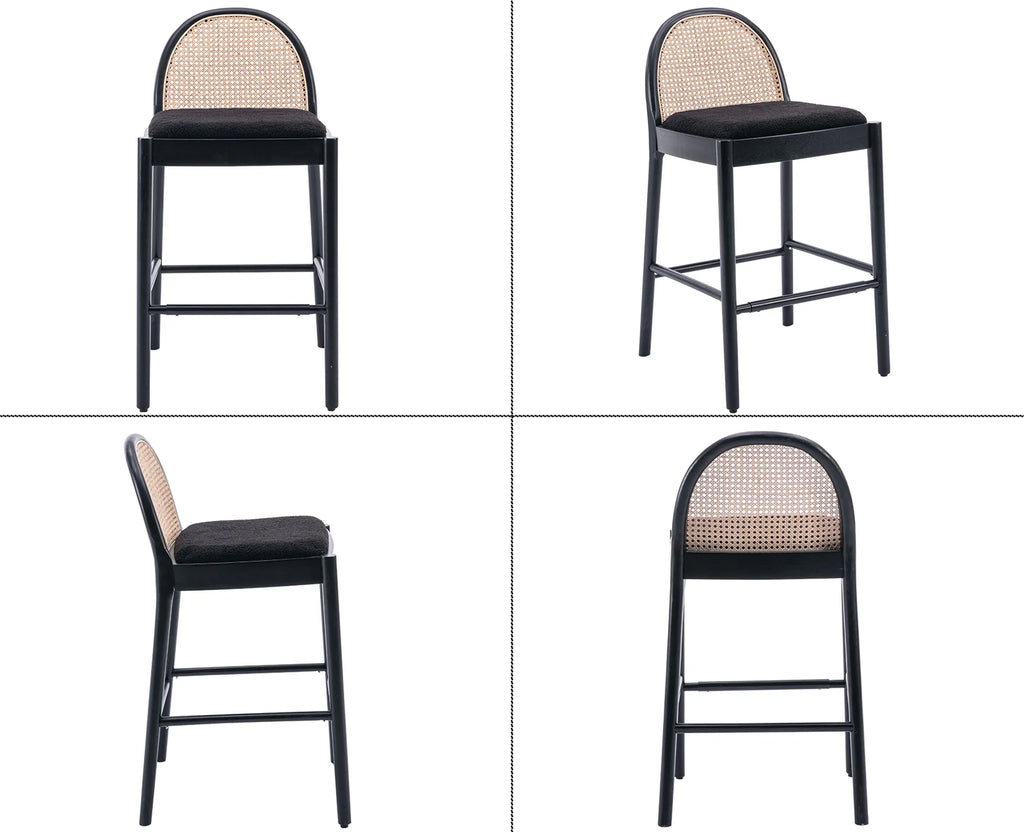 Guyou Modern Bar Stools Set of 2, 26" Counter Height Bar Stools with Natural Rattan Back and Solid Wood Frame, Sherpa Upholstered Kitchen Island Chairs for Bar Island Cafe Kitchen, Black