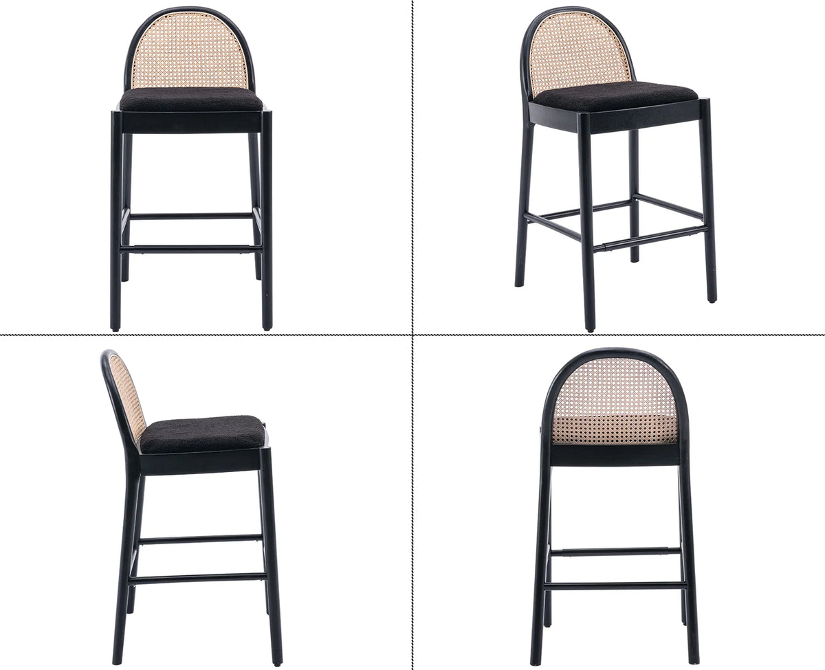 Guyou Modern Bar Stools Set of 2, 26" Counter Height Bar Stools with Natural Rattan Back and Solid Wood Frame, Sherpa Upholstered Kitchen Island Chairs for Bar Island Cafe Kitchen, Black