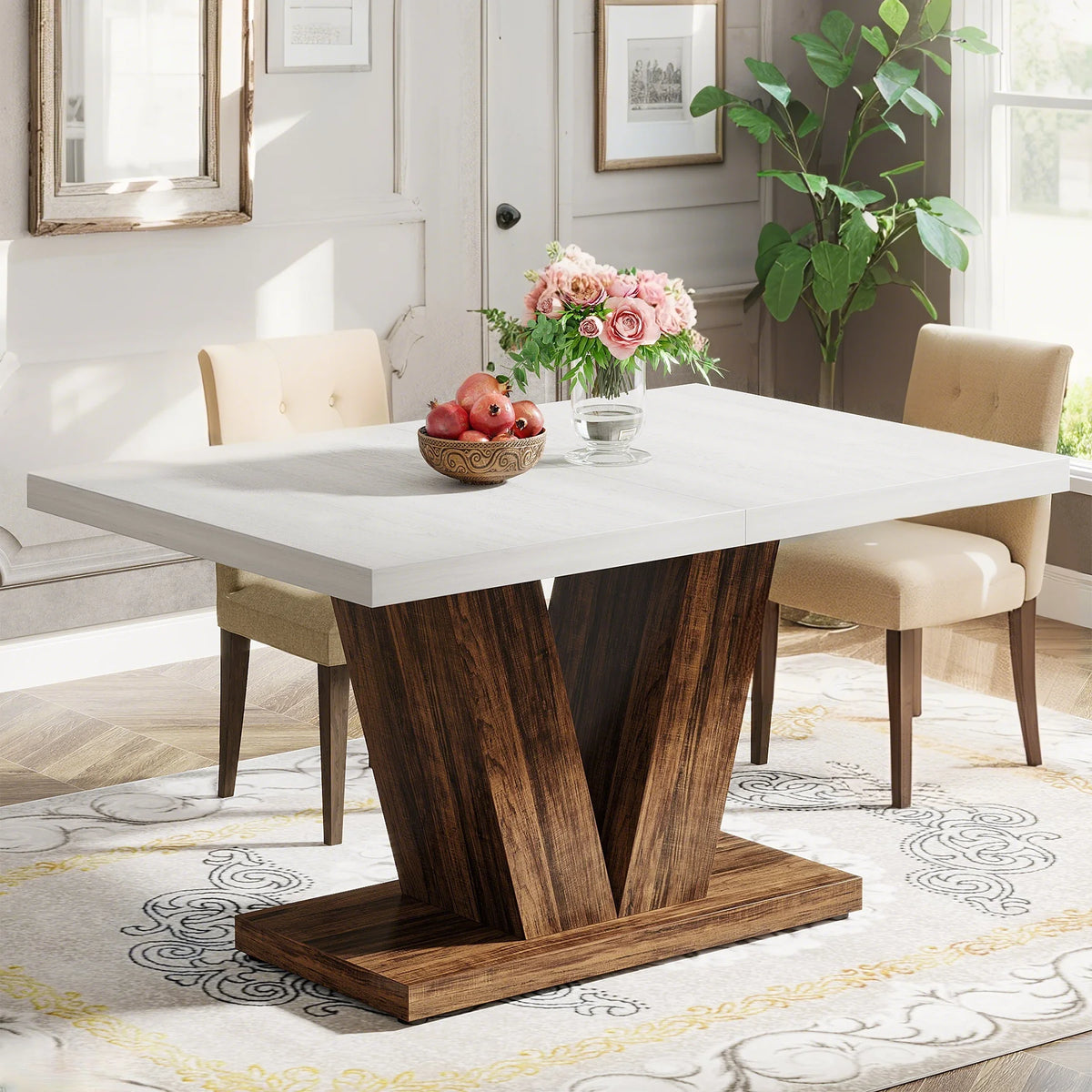 Finmind 47-inch Dining Table for 4 to 6, Farmhouse Wood Kitchen Table for Dining Room, White