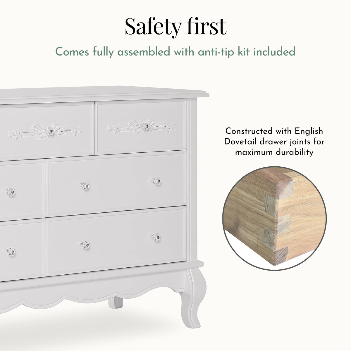 Evolur Aurora 7-Drawer Double Dresser in Ivory Lace, Spacious Drawers